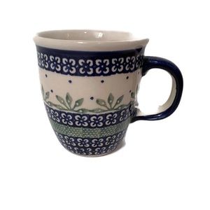 POLISH POTTERY MUG CUP BLUE WHITE GREEN FLORAL HANDMADE HOME DINING 10 oz.